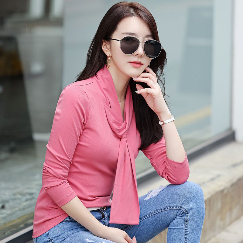 2022 autumn solid color long-sleeved t-shirt women's pure cotton streamer scarf collar bottoming shirt all-match tops pullover small shirt trend