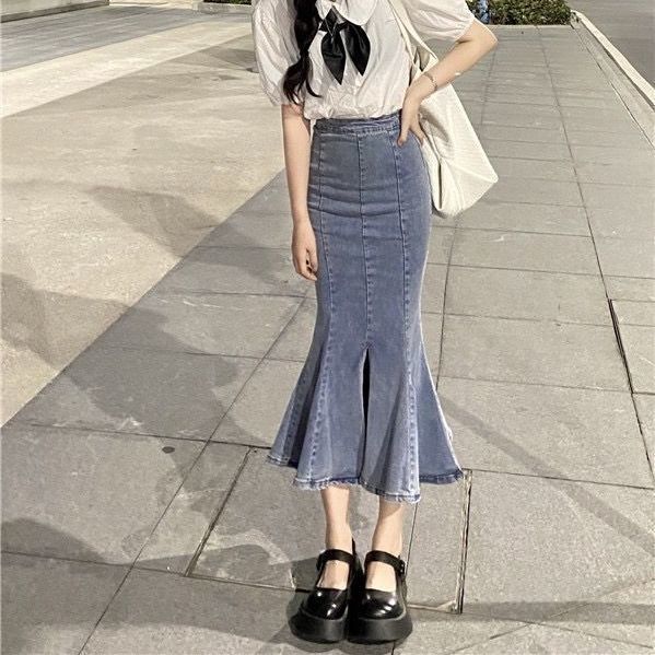 Small High Waist Denim Skirt New Split Ruffled Stretch Tight Hip Skirt Mid Length Fishtail Skirt