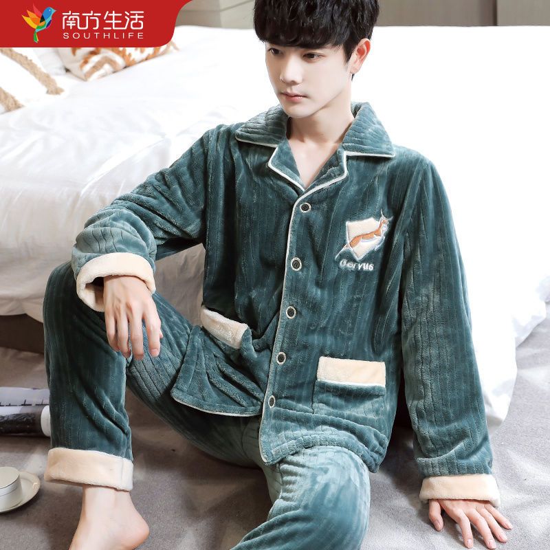88827-秋冬韩版法兰绒睡衣男士大码加厚加绒珊瑚绒中青年家居服两件套冬-详情图