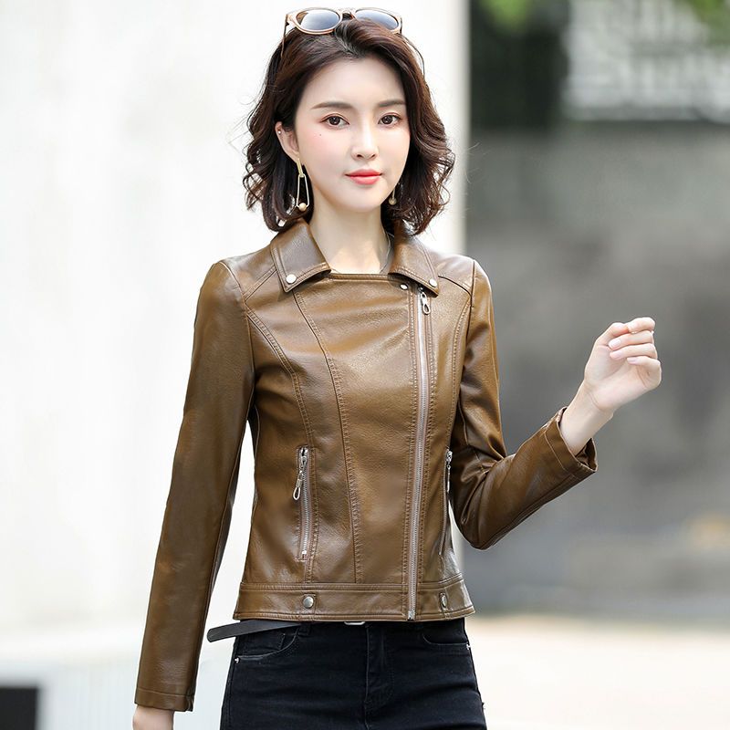 Leather clothing for women  new autumn high-end women's high-end motorcycle clothing short foreign style coat leather jacket