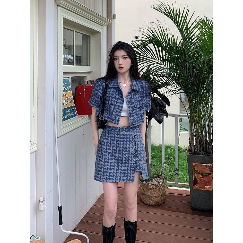 Two-piece suit/one-piece summer new fashion retro niche houndstooth short coat side high slit skirt