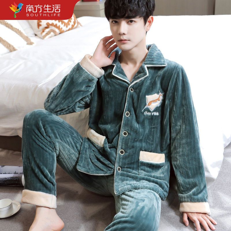 88827-秋冬韩版法兰绒睡衣男士大码加厚加绒珊瑚绒中青年家居服两件套冬-详情图