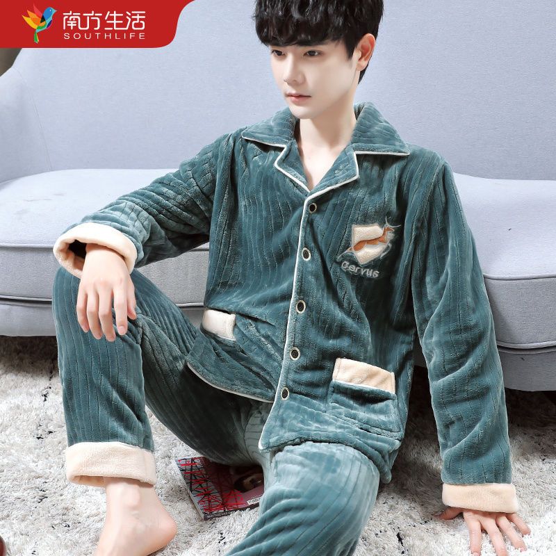 88827-秋冬韩版法兰绒睡衣男士大码加厚加绒珊瑚绒中青年家居服两件套冬-详情图