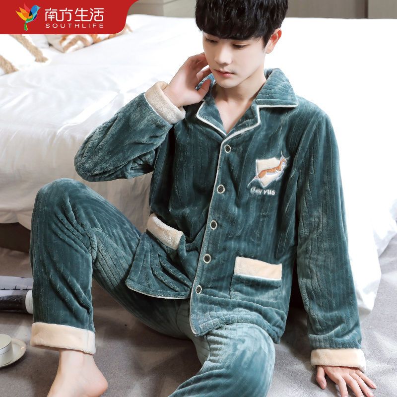 88827-秋冬韩版法兰绒睡衣男士大码加厚加绒珊瑚绒中青年家居服两件套冬-详情图