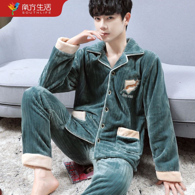88827-秋冬韩版法兰绒睡衣男士大码加厚加绒珊瑚绒中青年家居服两件套冬-详情图
