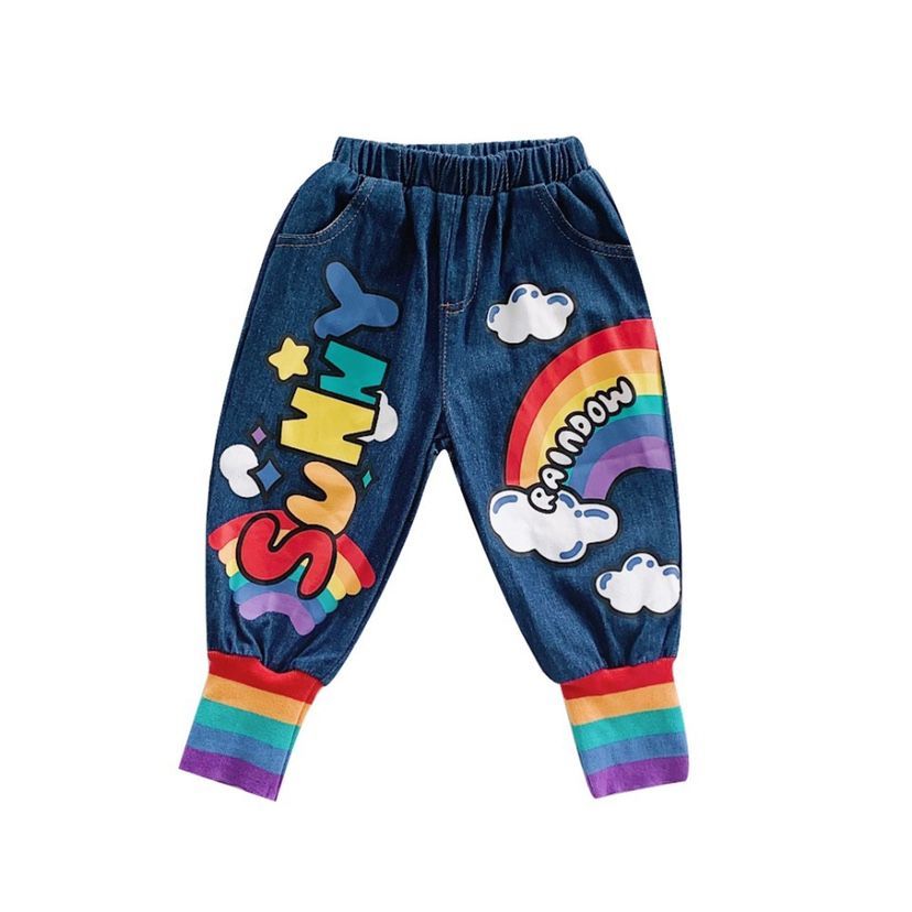 2022 Spring and Autumn New Children's Alphabet Rainbow Jeans Boys and Girls Baby Casual Personality Trousers Fashion Loose Trendy