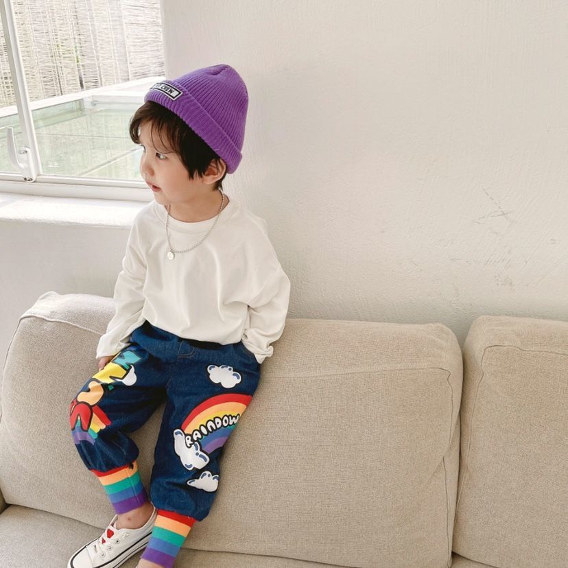 2022 Spring and Autumn New Children's Alphabet Rainbow Jeans Boys and Girls Baby Casual Personality Trousers Fashion Loose Trendy