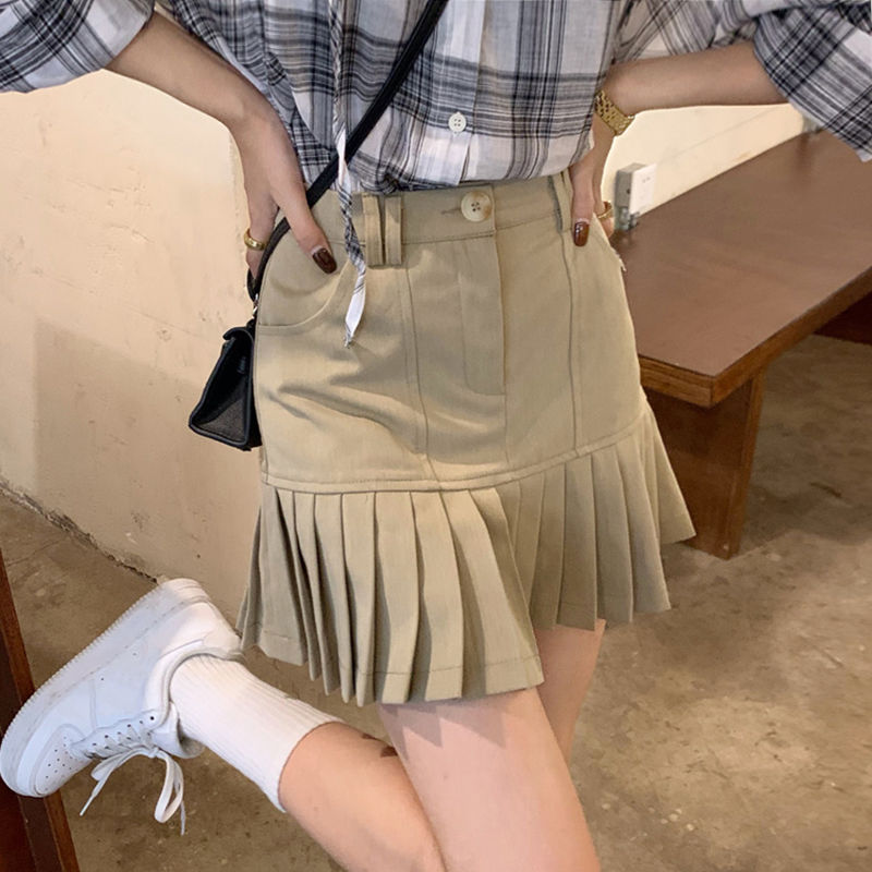 卡其色半身裙女春季2023新款高腰顯瘦百褶裙別致設計感a字短裙子