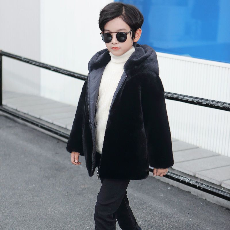 Boys' fur coat medium long new winter thickened children's imitation mink coat Plush warm cotton coat