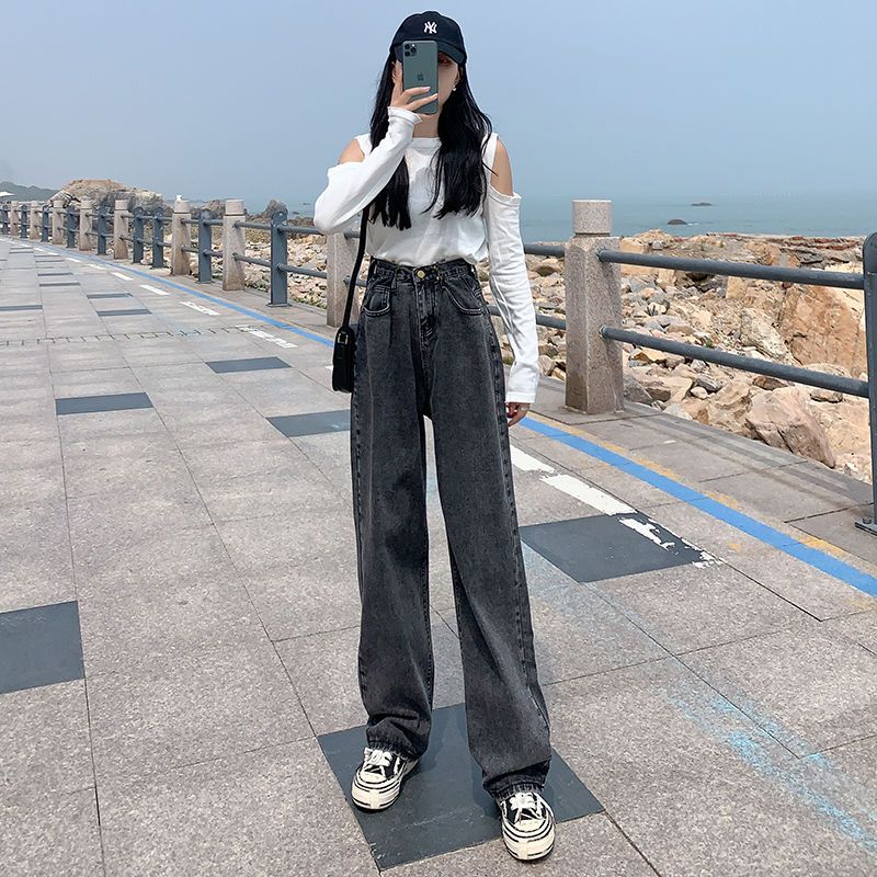 特大碼300斤胖mm2022春秋新款寬鬆直筒牛仔褲女高腰闊腿拖地長褲2