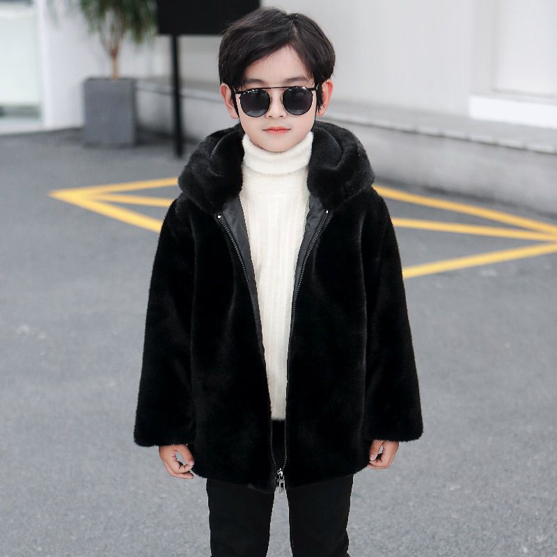 Boys' fur coat medium long new winter thickened children's imitation mink coat Plush warm cotton coat