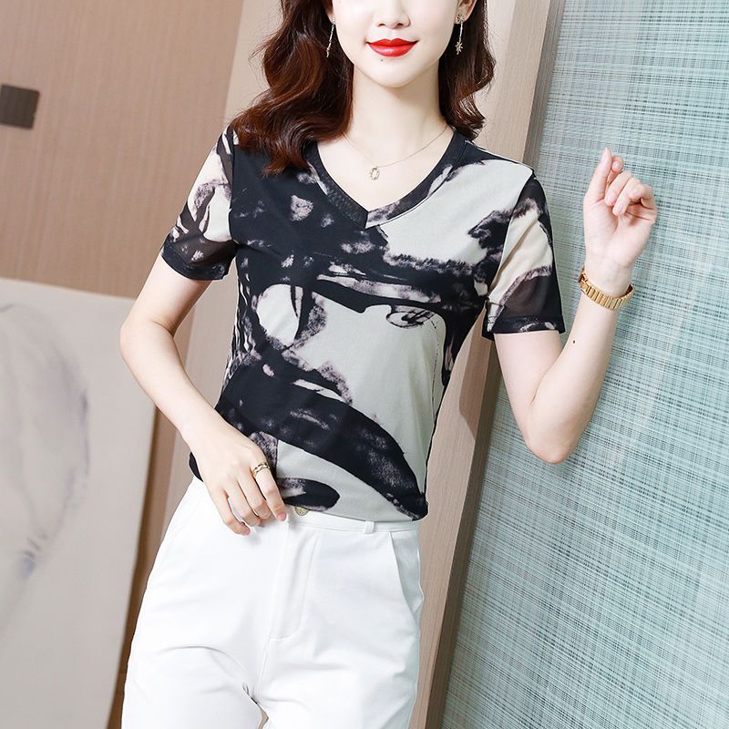歐貨時尚復古印花T恤女2021夏裝短袖網紗上衣洋氣半袖T恤小衫潮