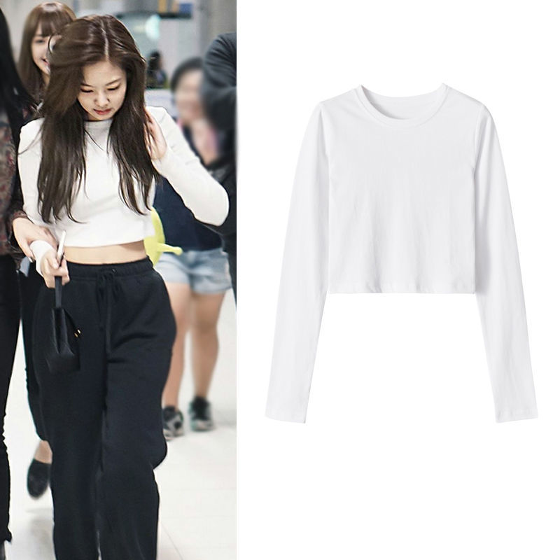 Jennie Jin Zhini same style in early autumn Korean version all-match slim short long-sleeved t-shirt femininity outerwear top tide