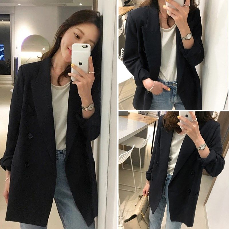 Black small suit jacket female 2023 new spring and autumn high-quality Korean version loose casual double-breasted suit jacket
