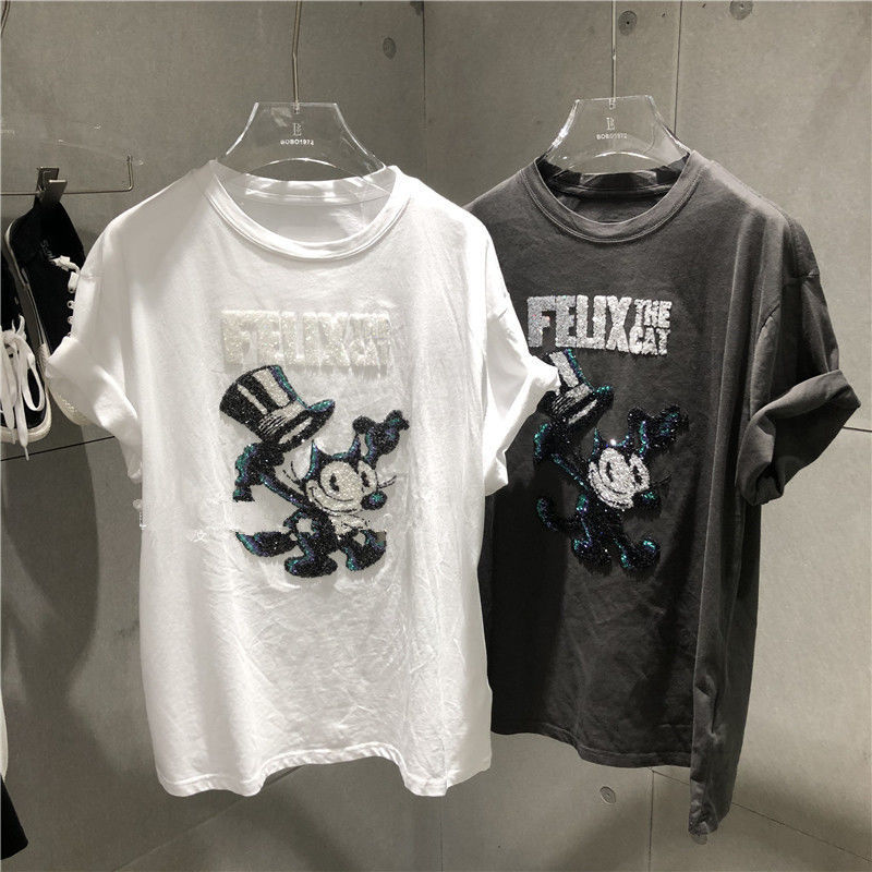 New European goods genuine Hong Kong style fashion heavy industry handmade sequins cartoon cat letters loose short-sleeved T-shirt top women