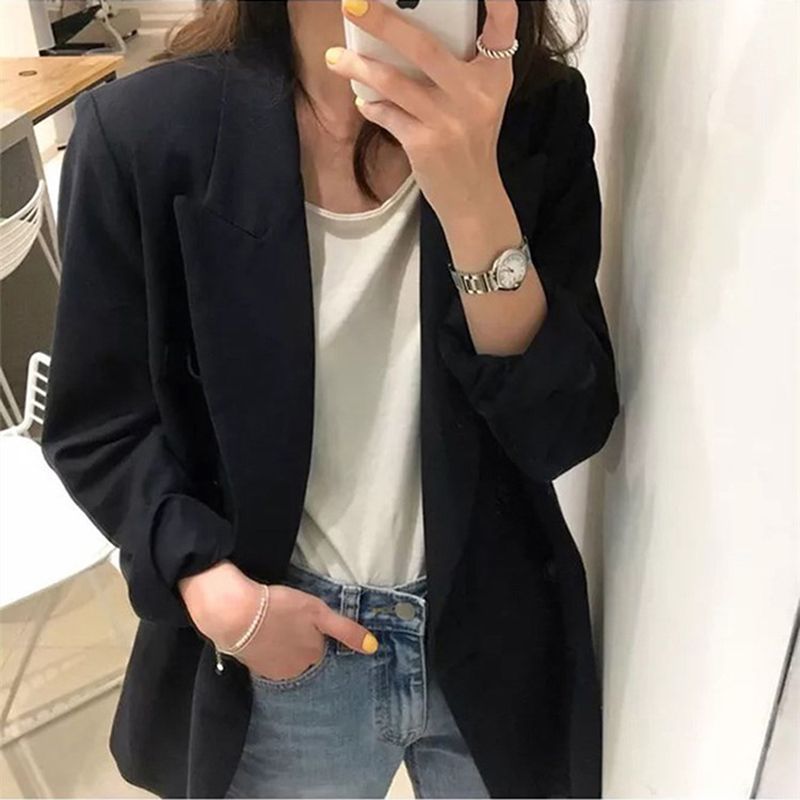Black small suit jacket female 2023 new spring and autumn high-quality Korean version loose casual double-breasted suit jacket
