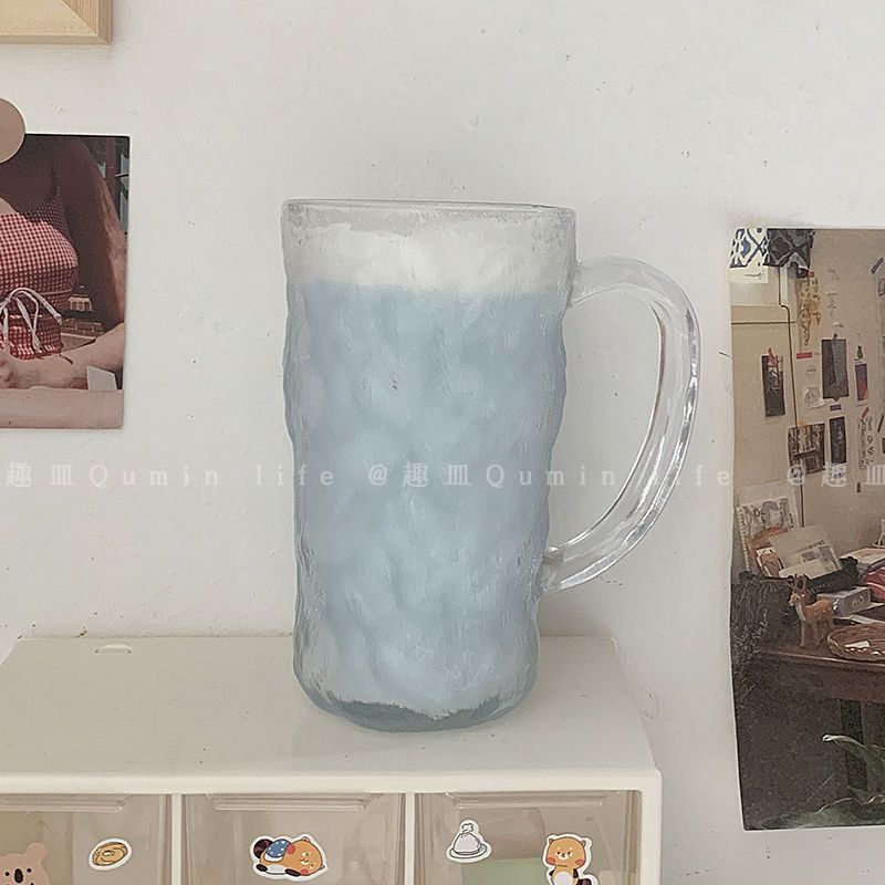 ins法式风玻璃杯果汁咖啡杯带把甜品牛奶杯简约冰川岩石纹