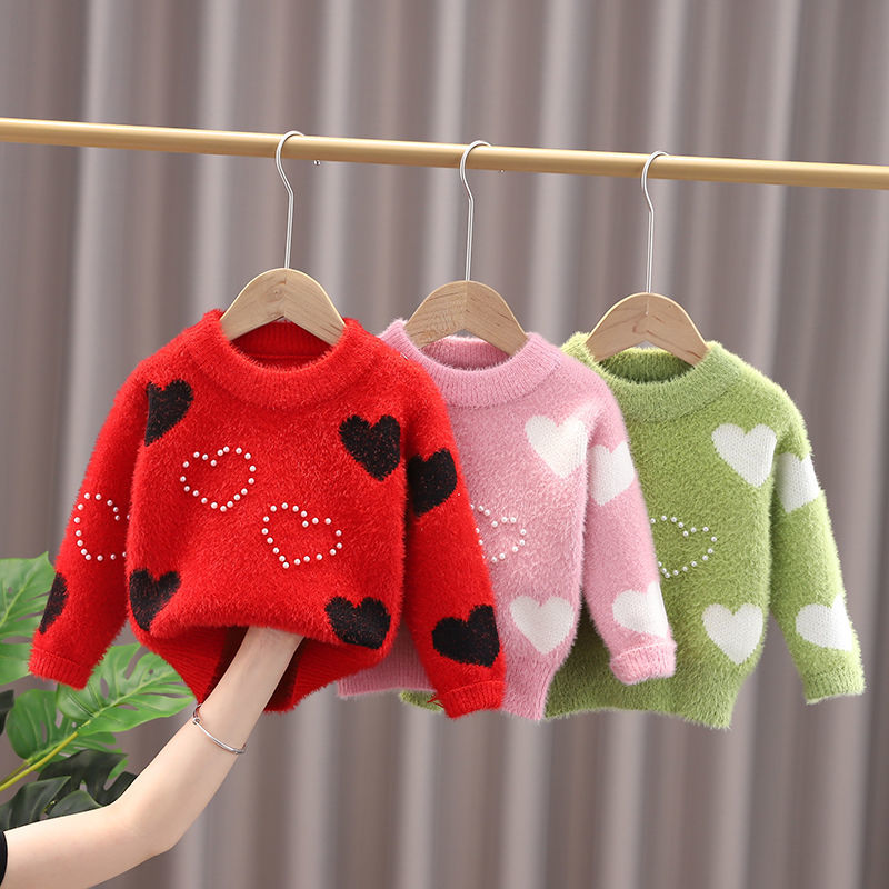 女童毛衣水貂絨2022秋冬新款加厚桃心釘珠刺繡中小童仿貂絨打底衫