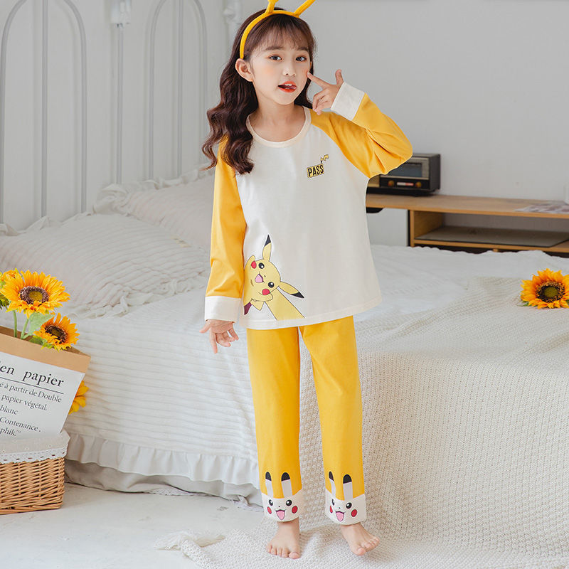 Children's pure cotton pajamas boys and girls spring and autumn long-sleeved parent-child middle and big children thin section baby girl home clothes set