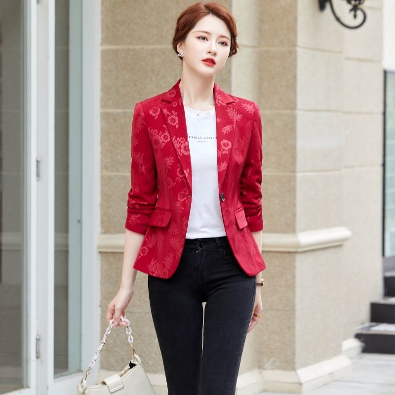 Red printed suit jacket women's spring and autumn  new self-cultivation temperament small short ladies suit jacket