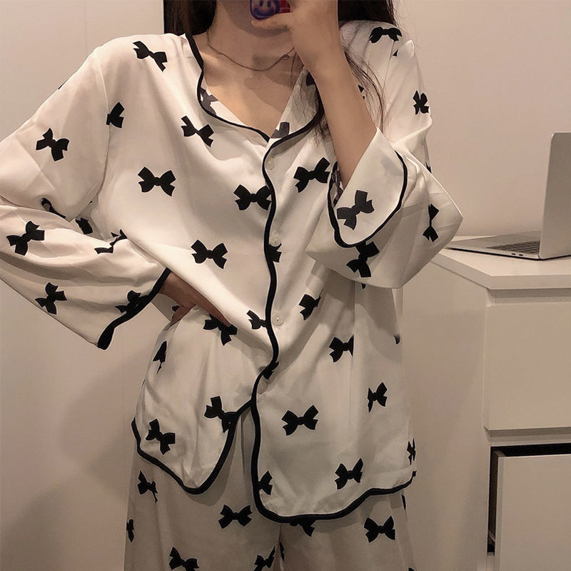 睡衣女秋季薄款冰絲綢長袖春夏家居服新款網紅爆款可外出兩件套裝