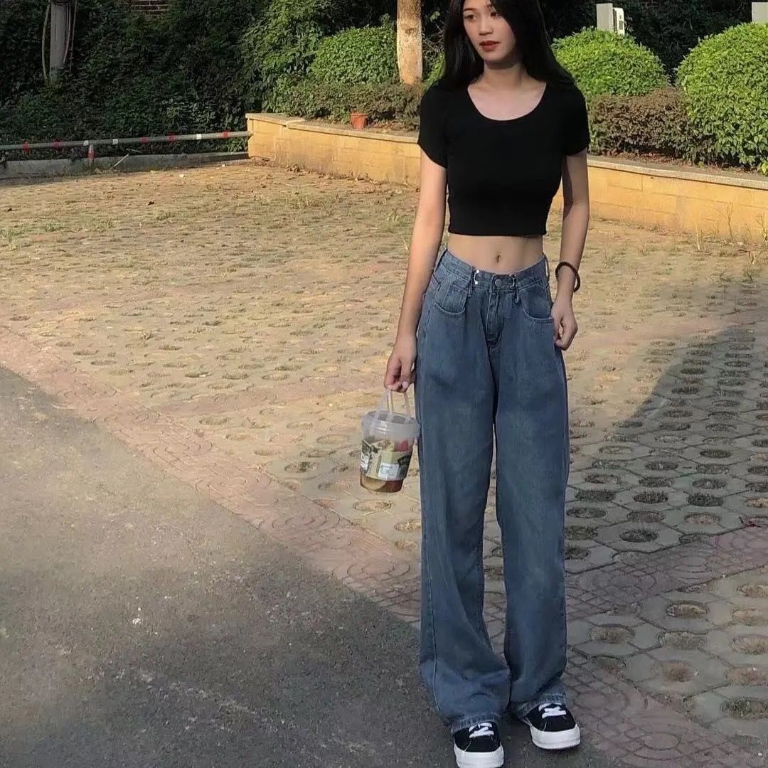High waist and thin new style small wide-leg jeans women's Hyuna retro straight loose loose mopping drape daddy pants