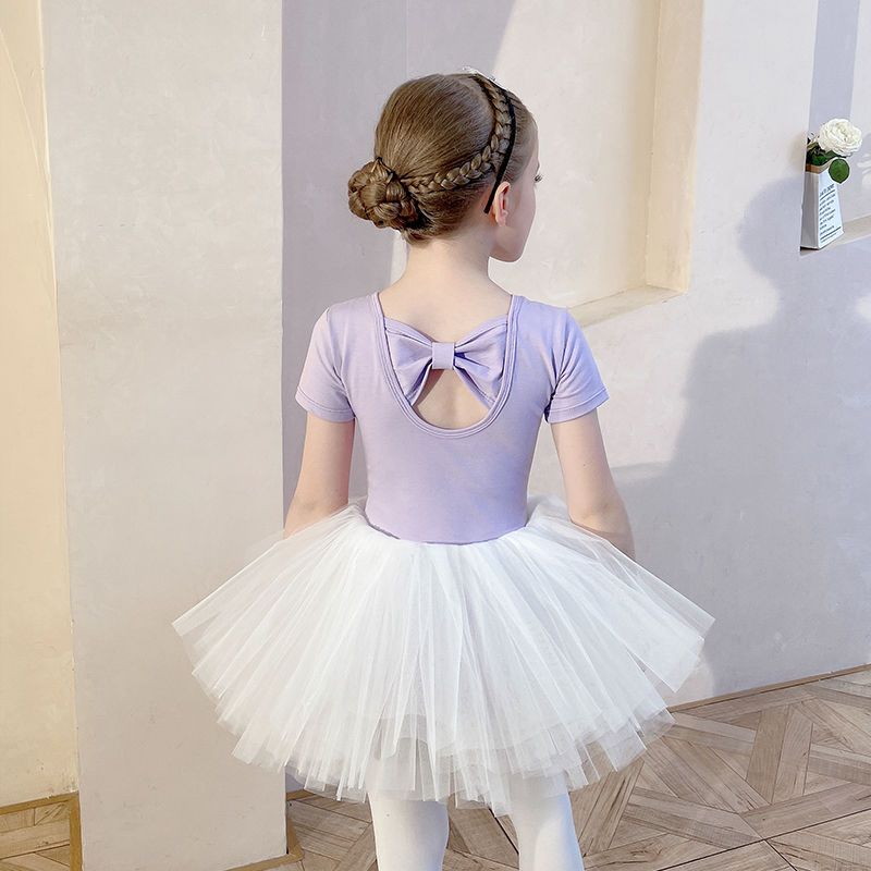 兒童舞蹈服夏季短袖女童練功服紫色舞蹈半身裙白色幼兒芭蕾舞裙子