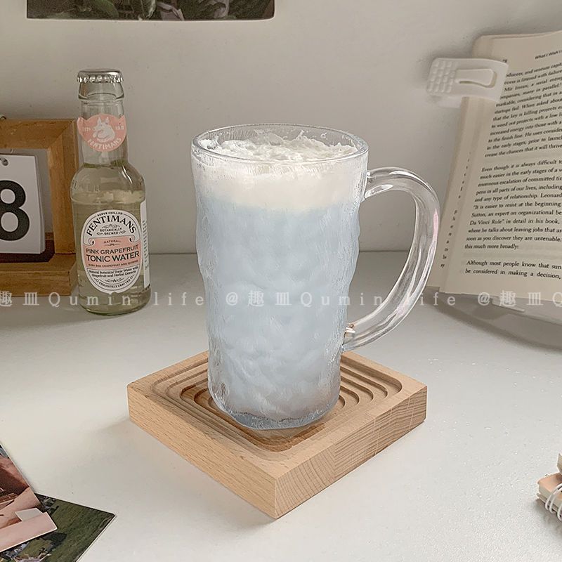 ins法式风玻璃杯果汁咖啡杯带把甜品牛奶杯简约冰川岩石纹
