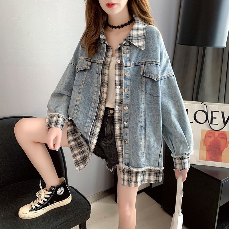 Fake two-piece denim jacket women's new outerwear spring and autumn all-match Korean version loose stitching plaid denim jacket tops