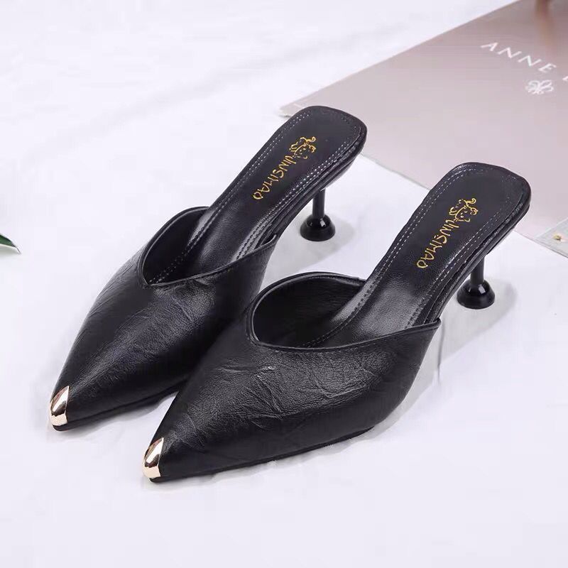 2021 New Baotou Half Slippers Women's Summer Outerwear Pointed Toe Stiletto High Heels Black Beige Fashion Temperament French Style