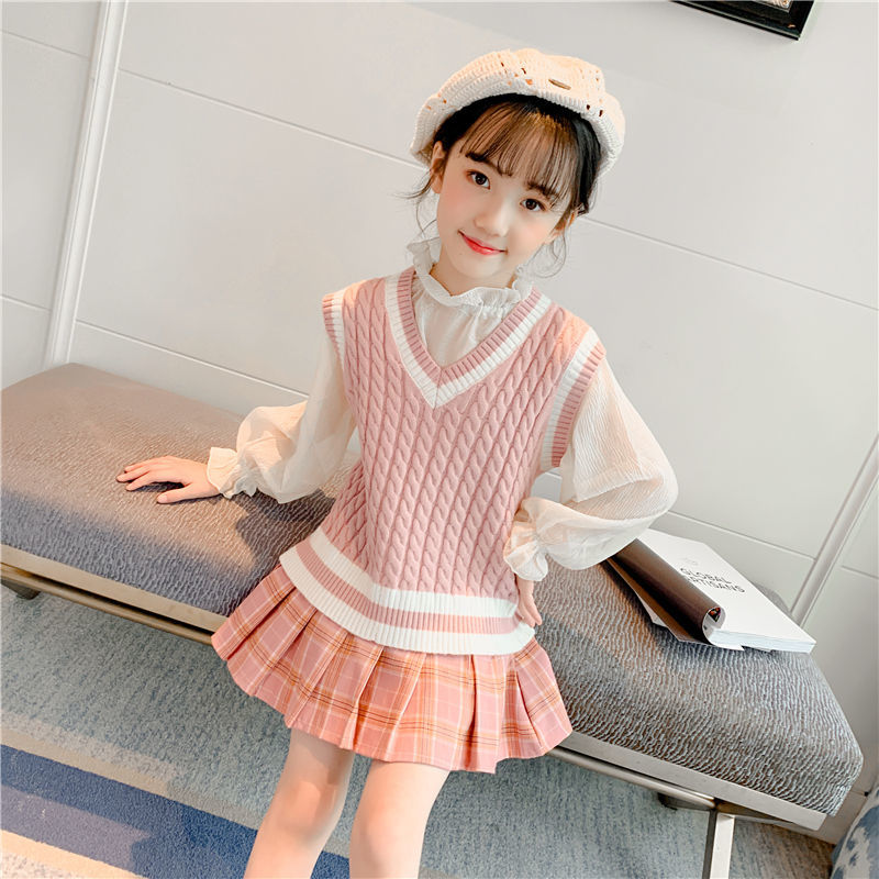 Girls vest vest autumn and winter new children's knitted vest net red college style student foreign style sweater