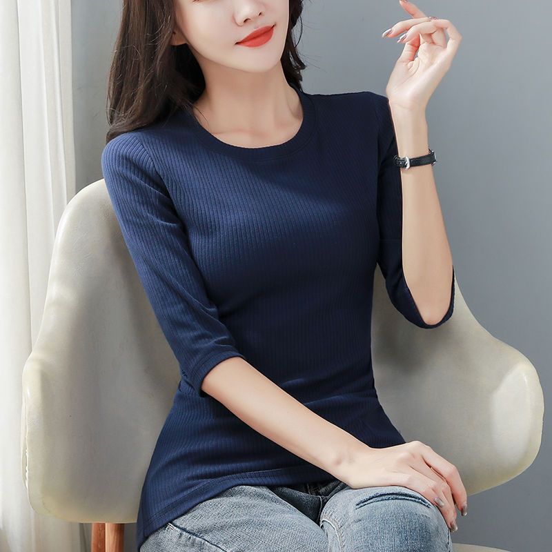 純棉修身黑色中袖t恤女秋新款圓領七分袖緊身高檔外穿上衣打底衫