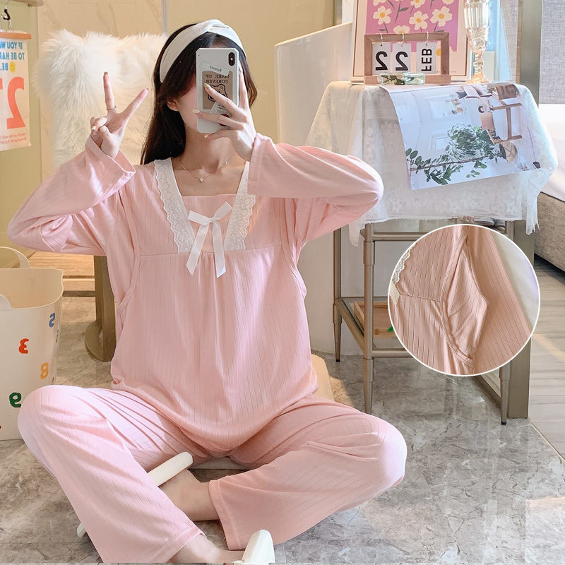 Prenatal maternity pajamas spring and autumn breastfeeding clothes long-sleeved large size postpartum breastfeeding confinement clothes pregnancy thin section spring and summer