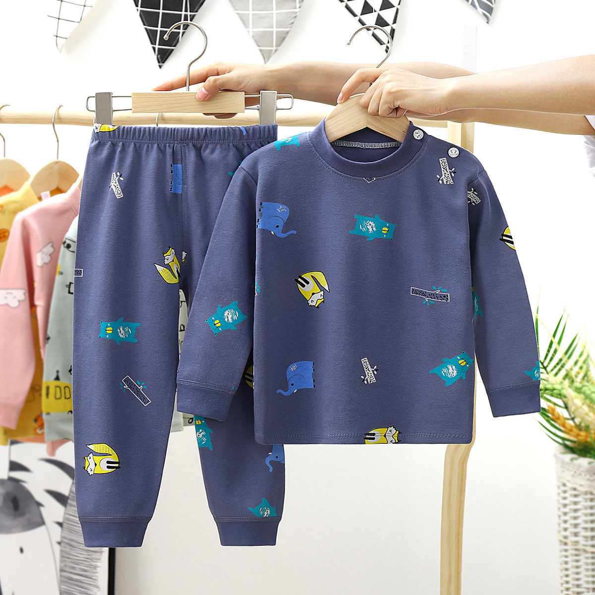 Children's cotton spring and autumn underwear suit boys and girls autumn clothes long pants middle and large children's winter bottoming pajamas baby clothes