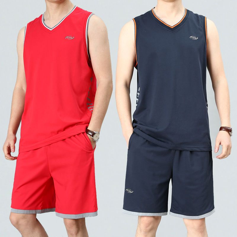 夏季无袖t恤运动套装男薄款背心两件套加肥加大码纯棉休闲篮球服