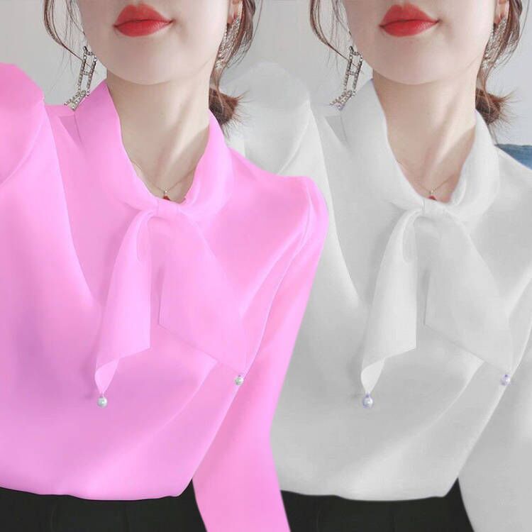 雪紡衫女長袖2023春秋新款韓版V領上衣百搭大碼寬鬆泡泡袖打底衫