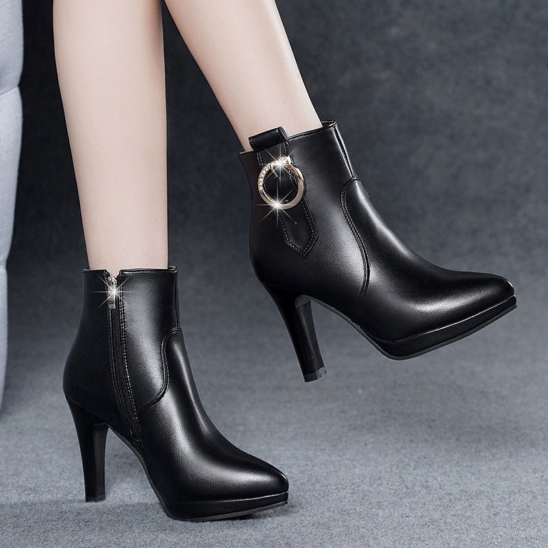  autumn and winter leather pointed-toe stiletto Martin boots black waterproof platform plus velvet short boots high-heeled side zipper women's single boots