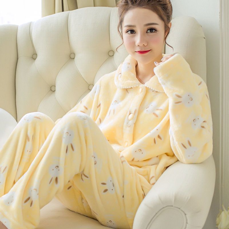 100% women's winter pajamas thick plus size Korean version of autumn and winter flannel coral fleece pajamas cute home clothes warm clothes