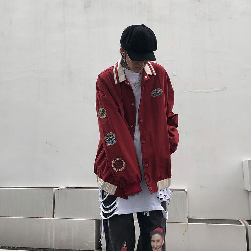 美式高街復古刺繡棒球服男潮牌街頭嘻哈寬鬆外套男ins原宿風夾克