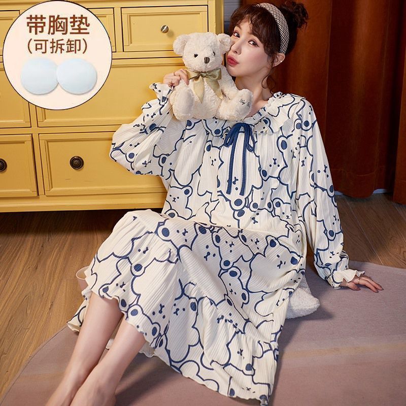 帶胸墊睡裙女春秋冬季棉質大碼長袖長款過膝學生可愛免穿文胸睡衣