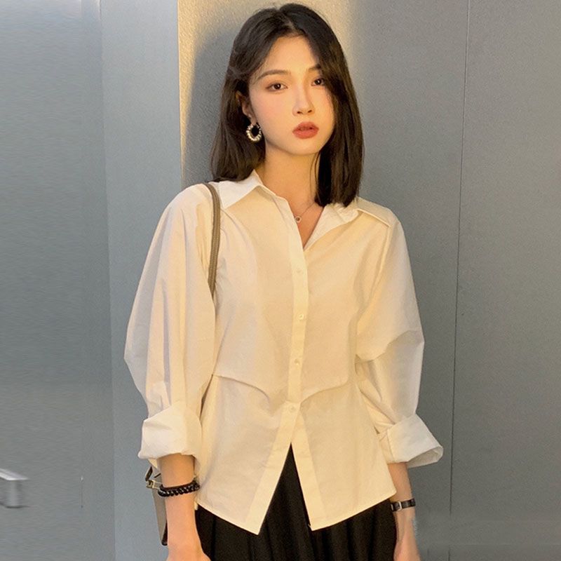 2023秋裝新款小眾設計感收腰捏褶襯衫女夏季白色寬鬆上衣