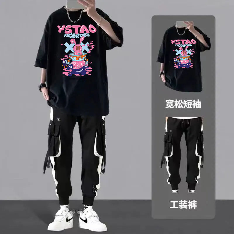 春夏季套裝男青少年韓版潮流帥氣兩件套港風五分袖T恤工裝褲套裝