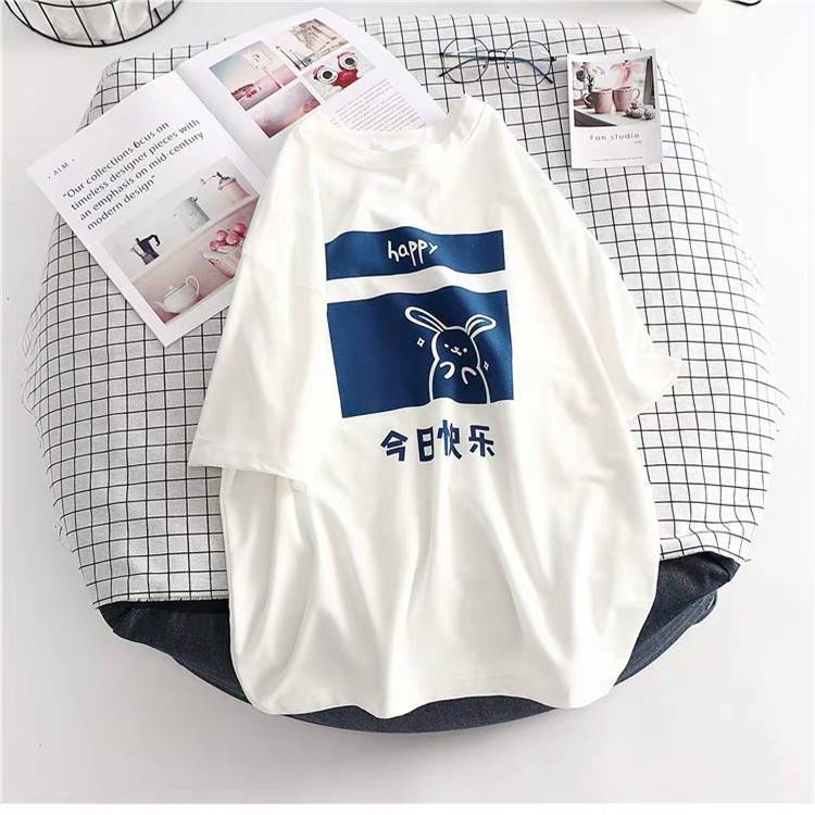 Korean version of loose vintage sense short-sleeved t-shirt female student Harajuku style ins new couple outfit white top clothes compassionate