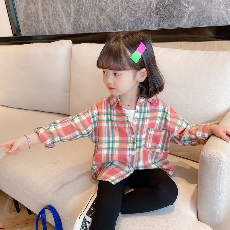 Baby girl long-sleeved shirt foreign style 2023 autumn clothing girls plaid shirt children Korean version top children spring and autumn tide