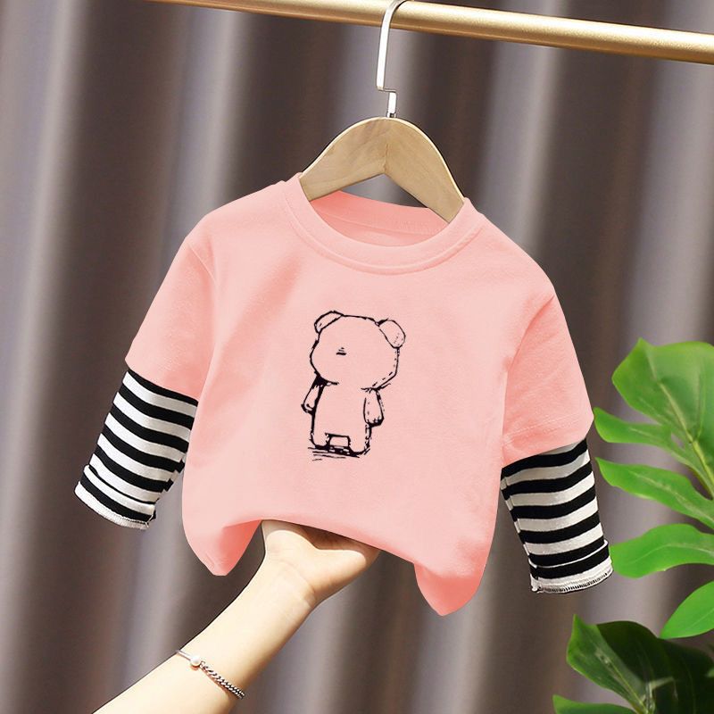  autumn new foreign style boys and girls pure cotton long-sleeved T-shirt fake two-piece splicing striped thin bottoming shirt