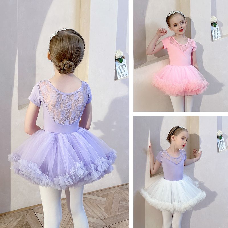 儿童舞蹈服夏季短袖蕾丝女童考级练舞衣幼儿中国舞练功服紫色套装