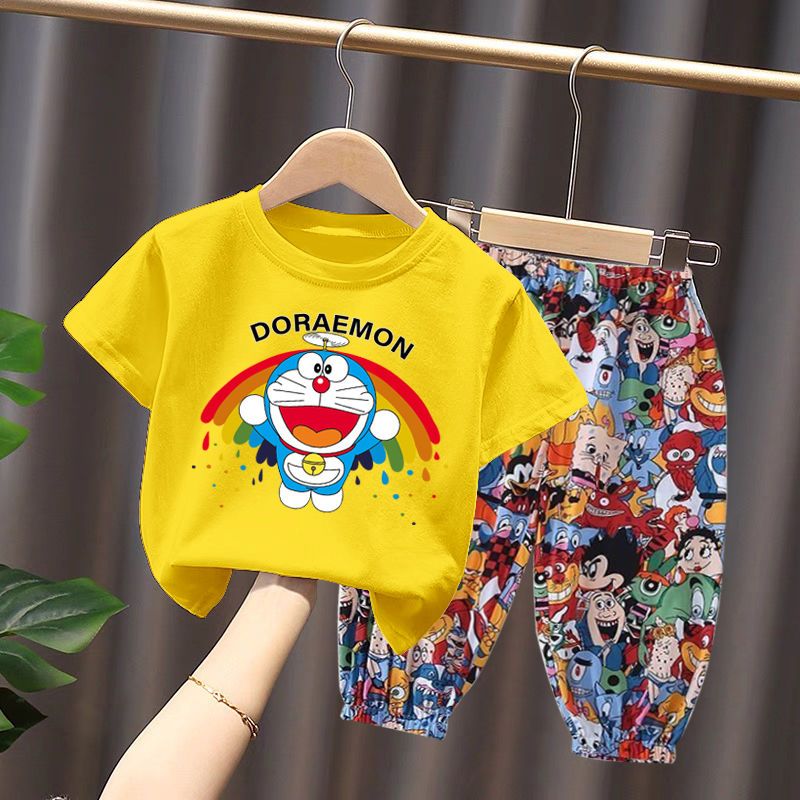 Single piece/set children's Korean style loose short-sleeved T-shirt two-piece set boys and girls foreign style casual anti-mosquito pants