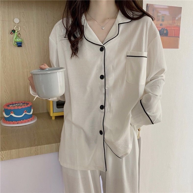 Korean version of pajamas women's spring and autumn thin section long-sleeved cardigan student sweet autumn and winter can wear cotton home service suit