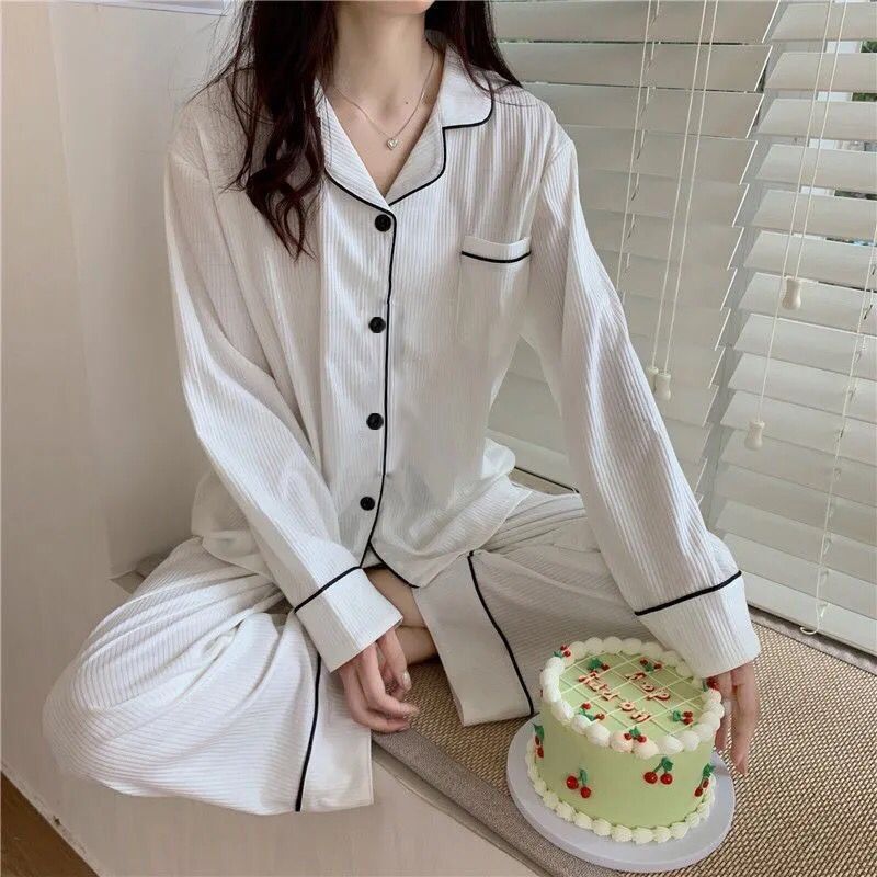 Korean version of pajamas women's spring and autumn thin section long-sleeved cardigan student sweet autumn and winter can wear cotton home service suit