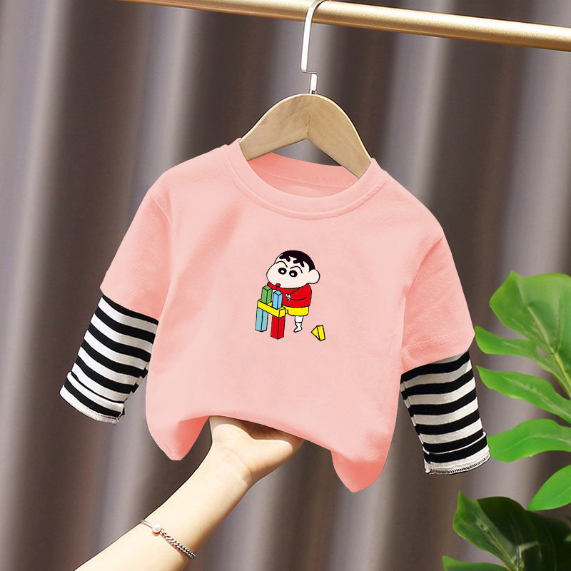  autumn new foreign style boys and girls pure cotton long-sleeved T-shirt fake two-piece splicing striped thin bottoming shirt